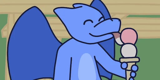 A small blue dragon enjoying an ice cream