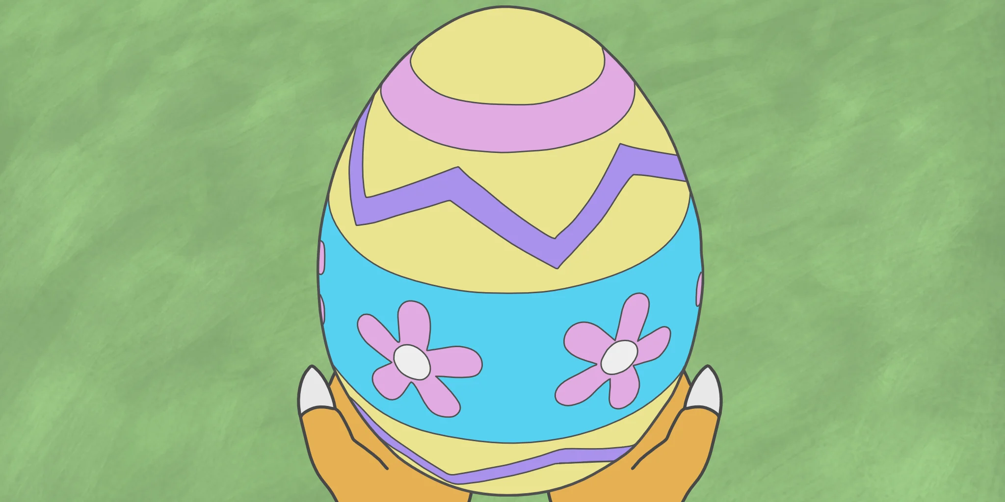 A small dragon hatches out of a giant Easter egg.